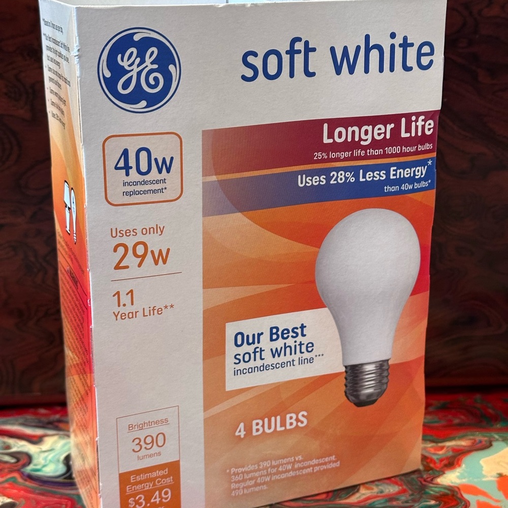 GE - “Longer- Life” Soft White - 40W (uses 28w) - old style - 1 Pack/4 Bulbs